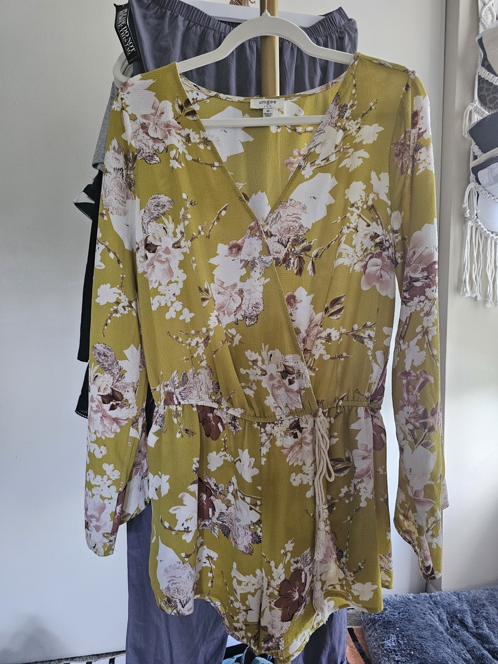 Umgee Yellow Floral Wrap Romper with Floral Accents - Picture 2 of 4
